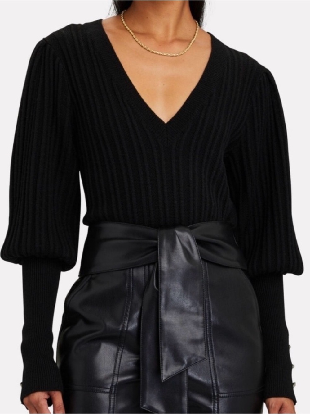 Veronica Beard Black 100% Merino Wool Esme V Neck Puff Sleeve Sweater XS